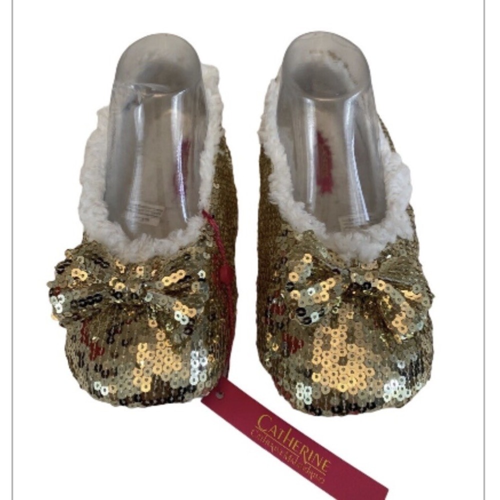 Catherine Malandrino Slippers Womens 5–6 Gold Sequin Plush Glam Cozy Chic Lounge